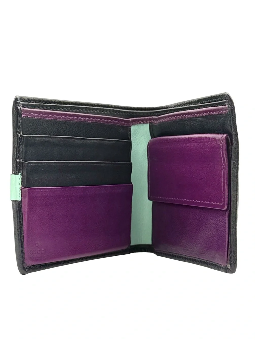 Gucci Microguccissima Bi-Fold Wallet Black Leather Purple Mint Interior